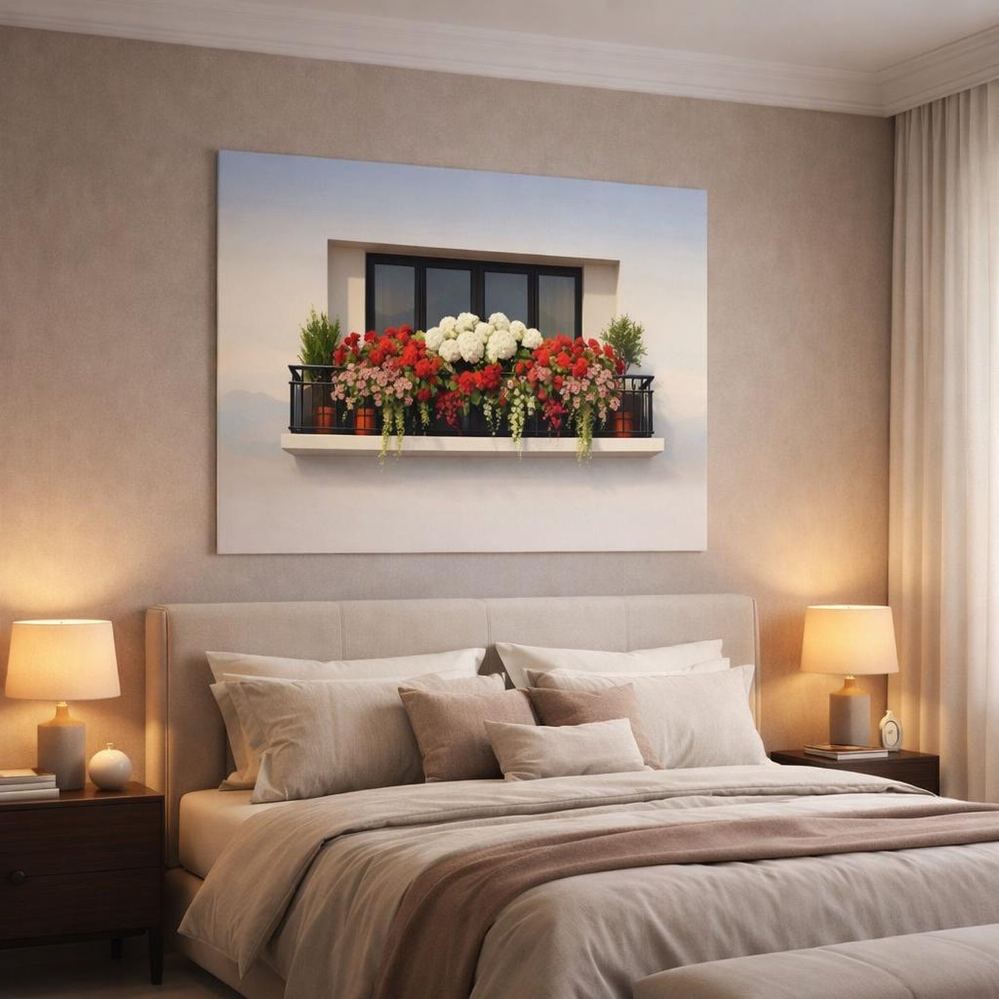 Contemporary Italian Flower Balcony shown as canvas wall art in a luxury bedroom