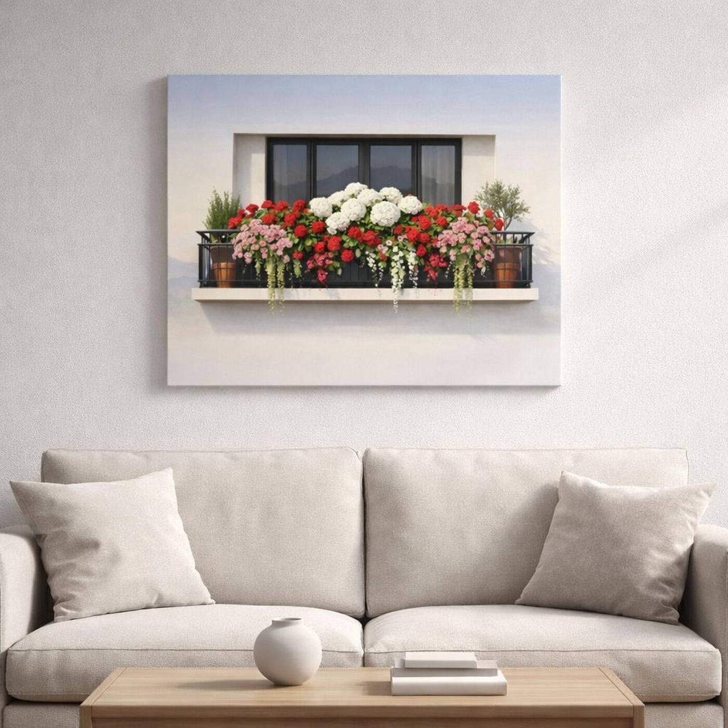 Contemporary Italian Flower Balcony shown as canvas wall art in a refined dining room