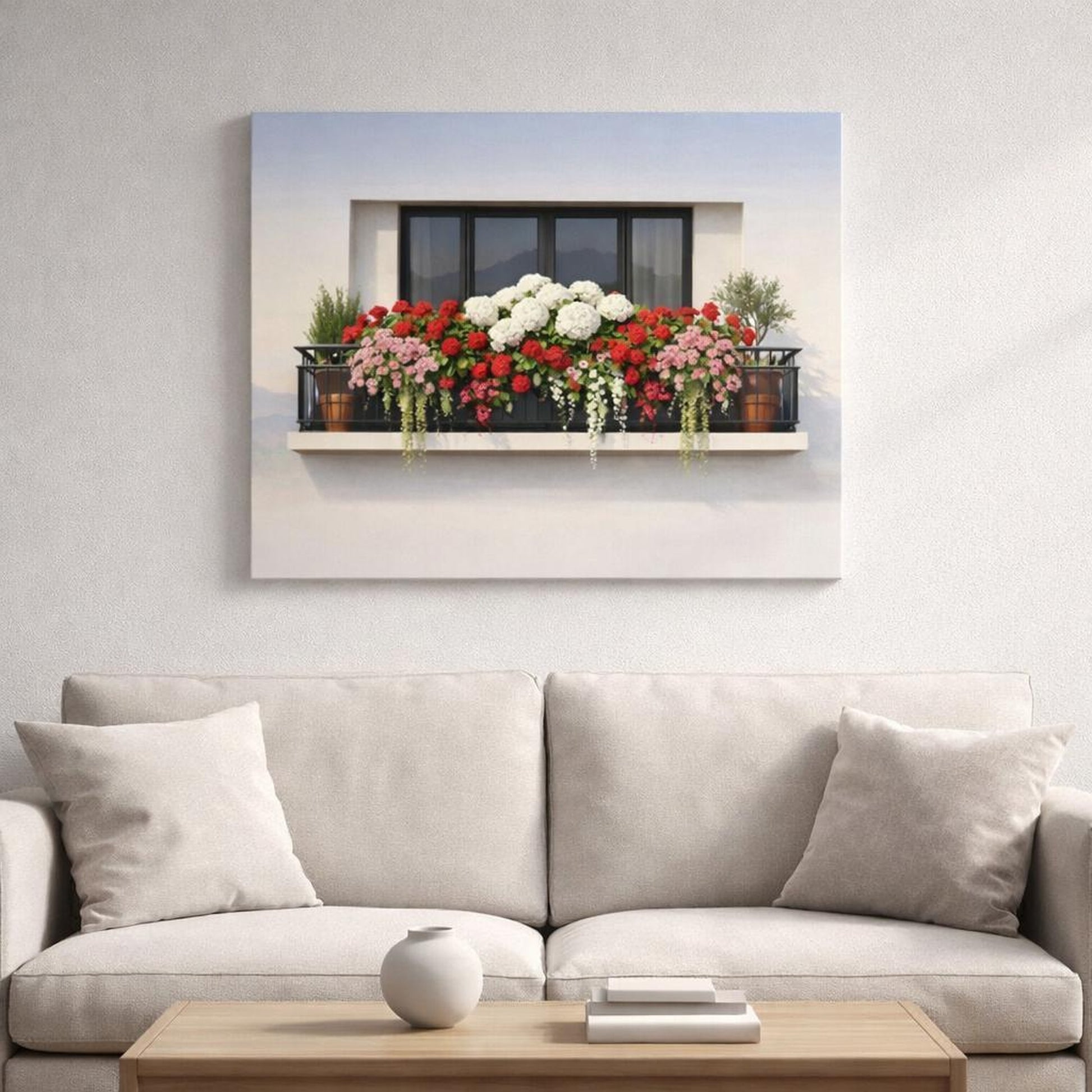 Contemporary Italian Flower Balcony shown as canvas wall art in a refined dining room