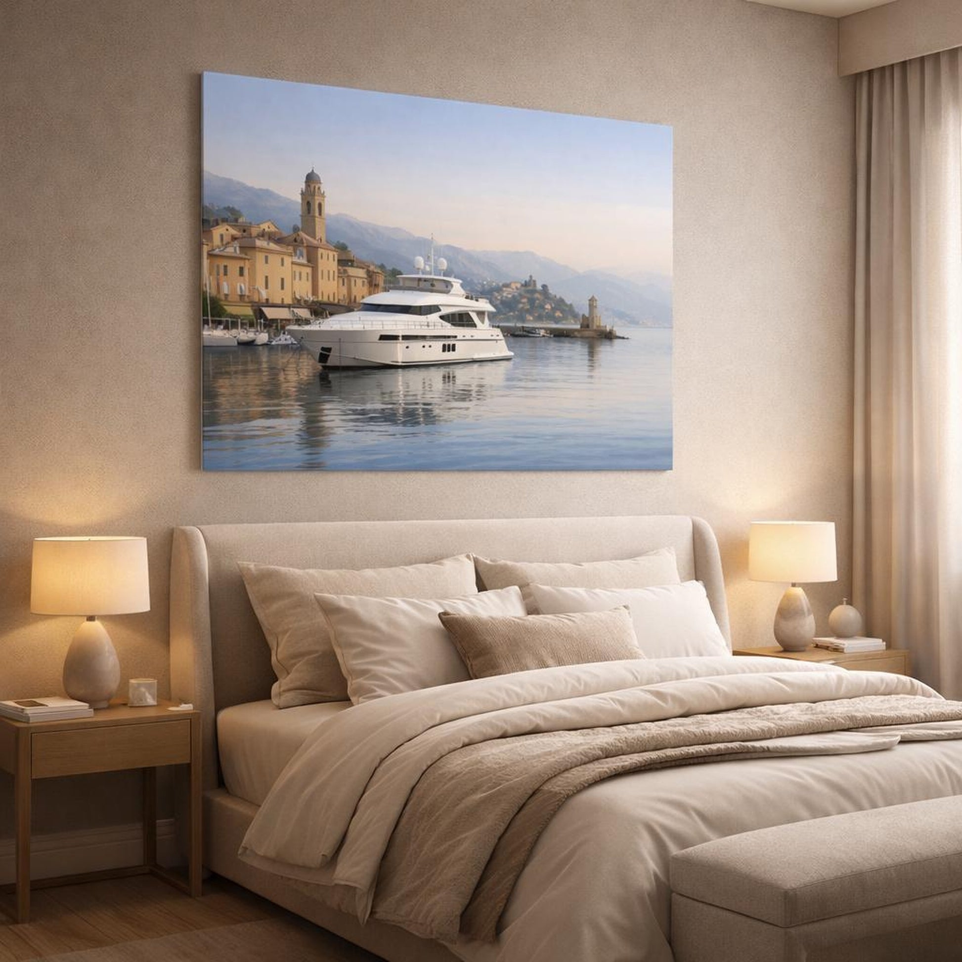 Contemporary Italian Harbor View shown as canvas wall art in a luxury bedroom