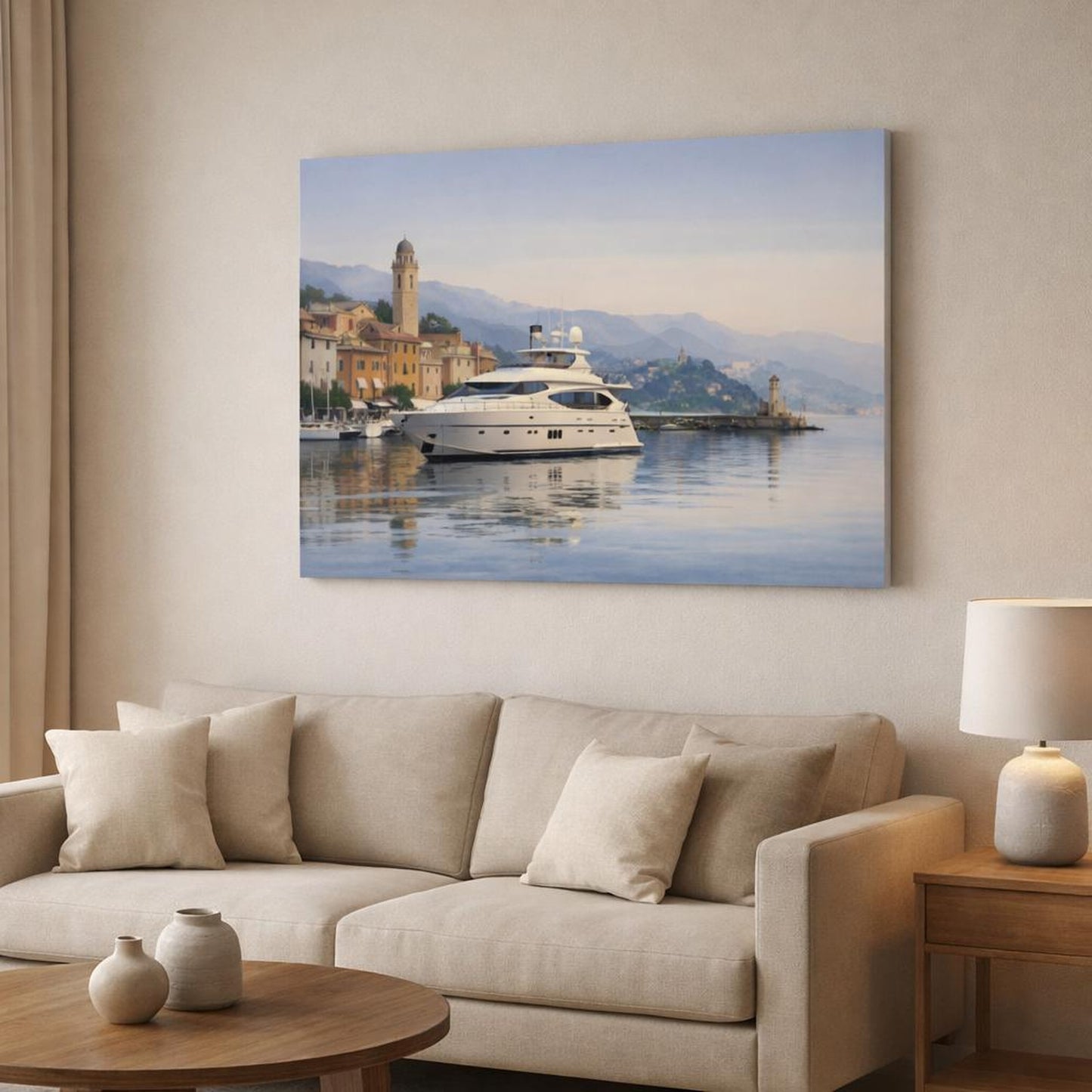 Contemporary Italian Harbor View shown as canvas wall art in a modern living room