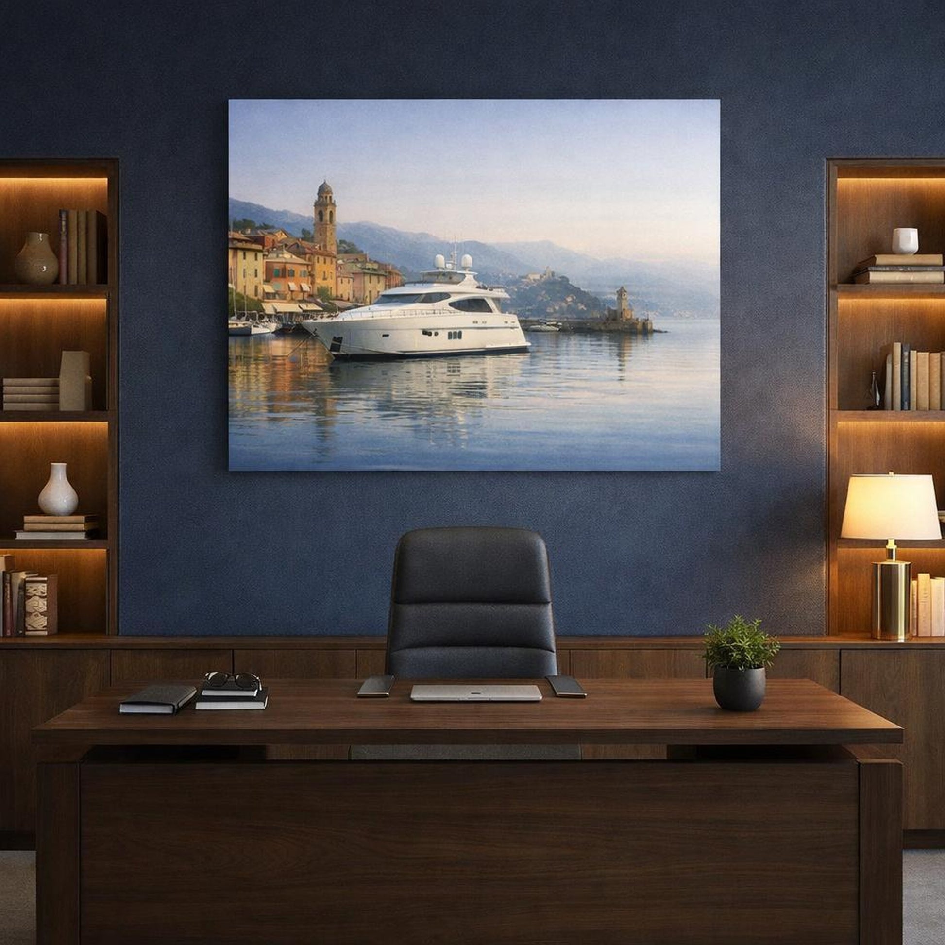 Contemporary Italian Harbor View shown as canvas wall art in a refined dining room