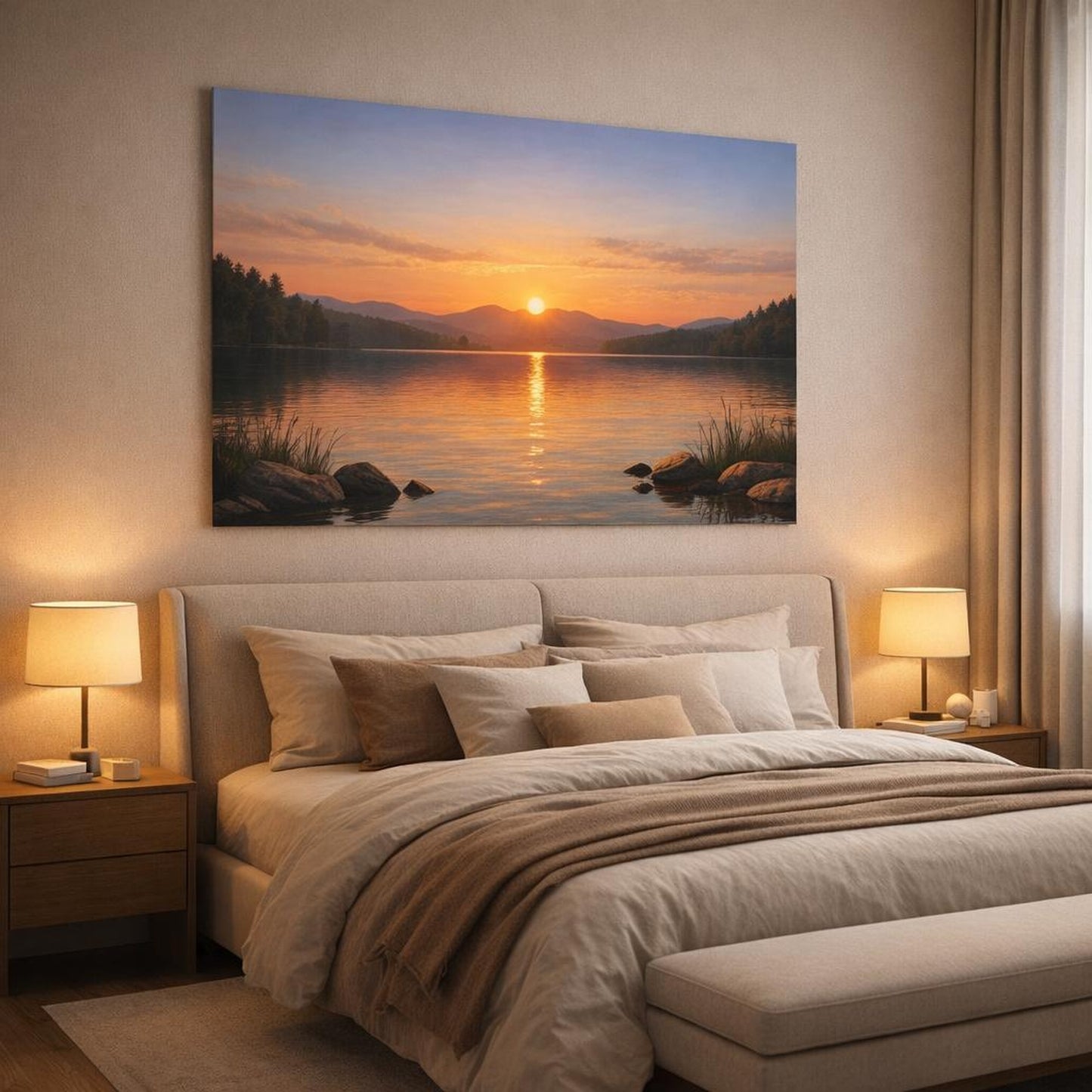 Contemporary Lake Sunset shown as canvas wall art in a luxury bedroom