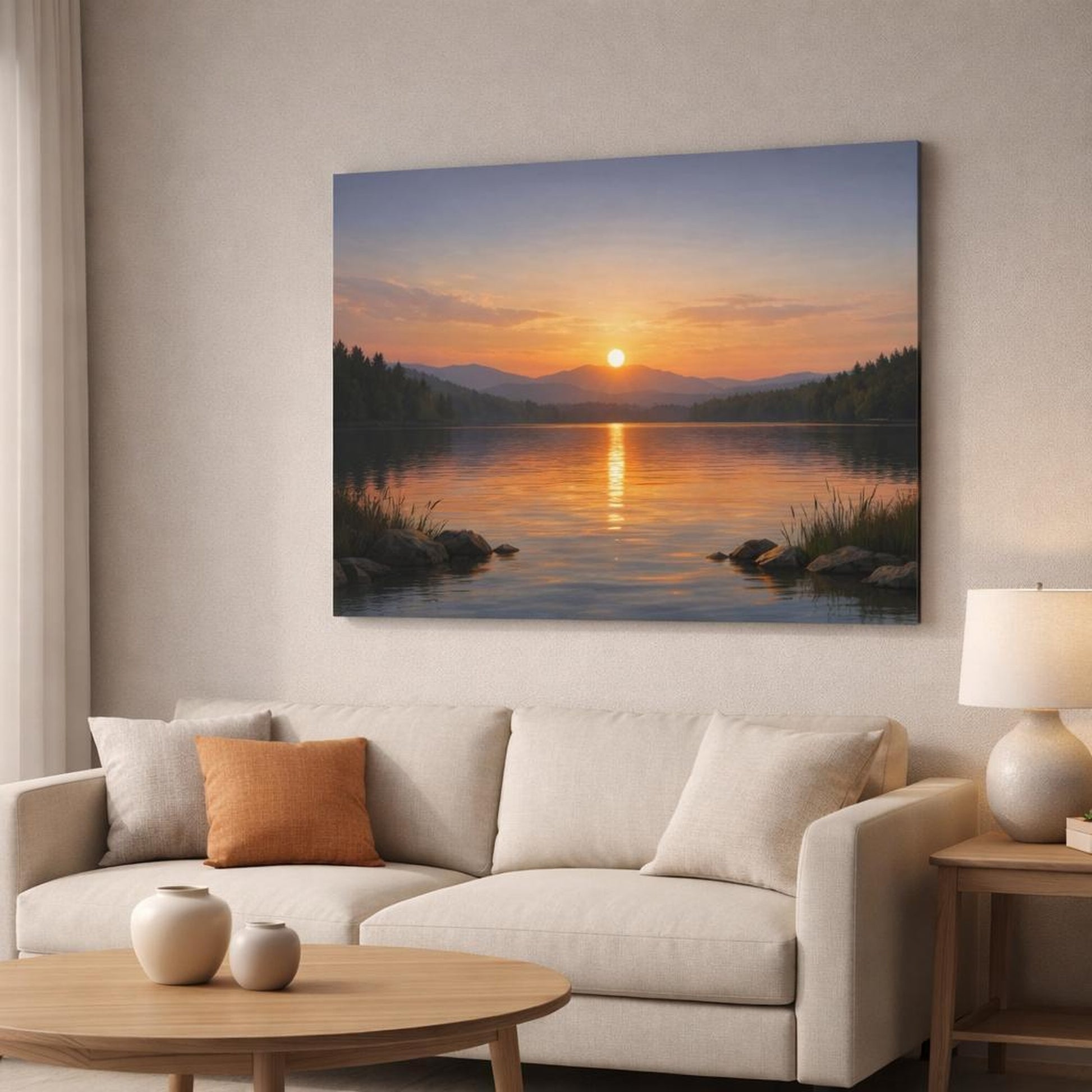 Contemporary Lake Sunset shown as canvas wall art in a modern living room
