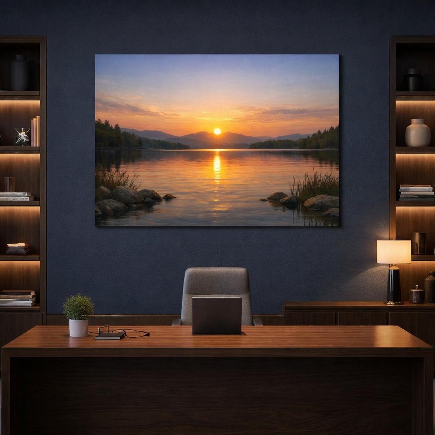 Contemporary Lake Sunset shown as canvas wall art in a refined dining room