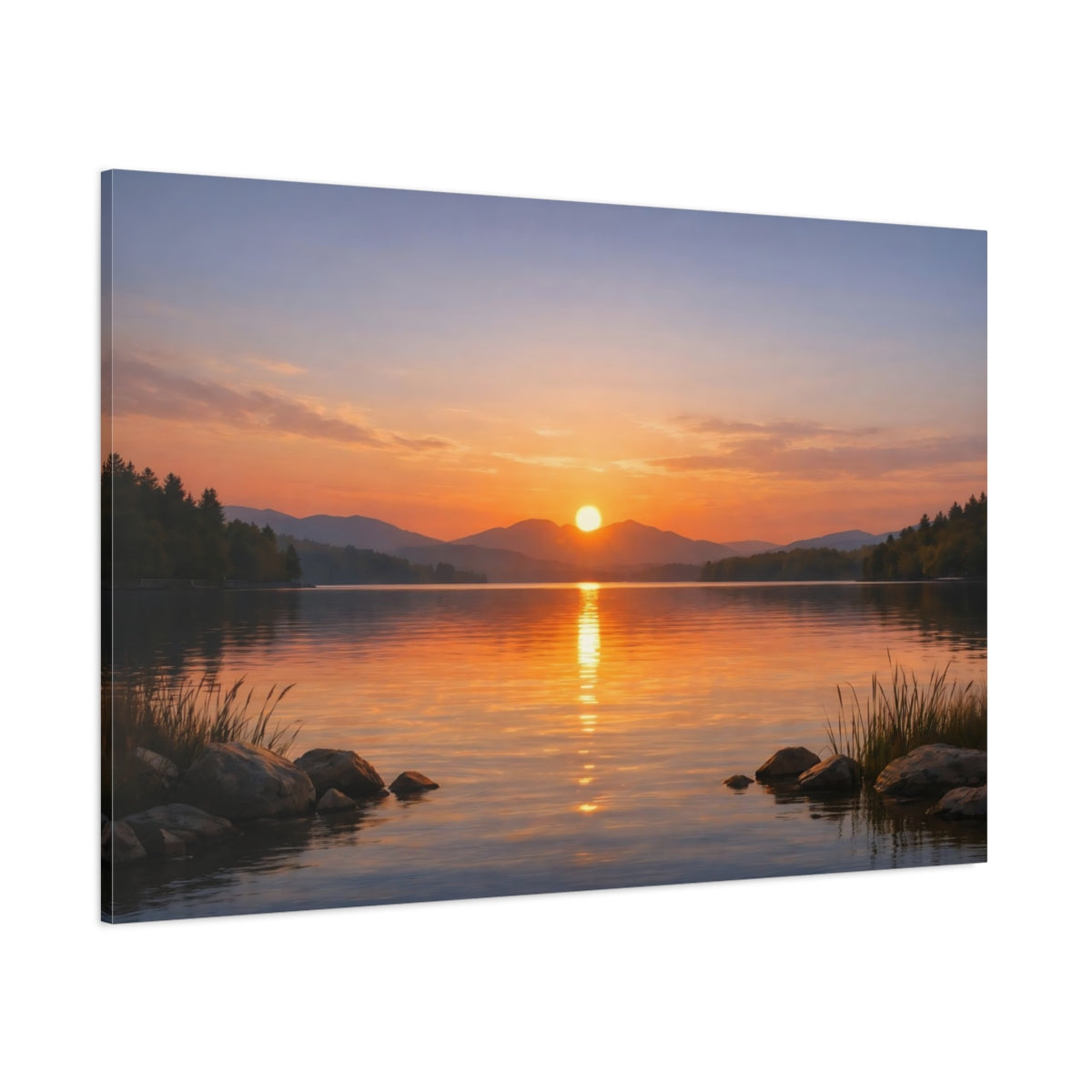 Contemporary Lake Sunset shown as stretched canvas wall art
