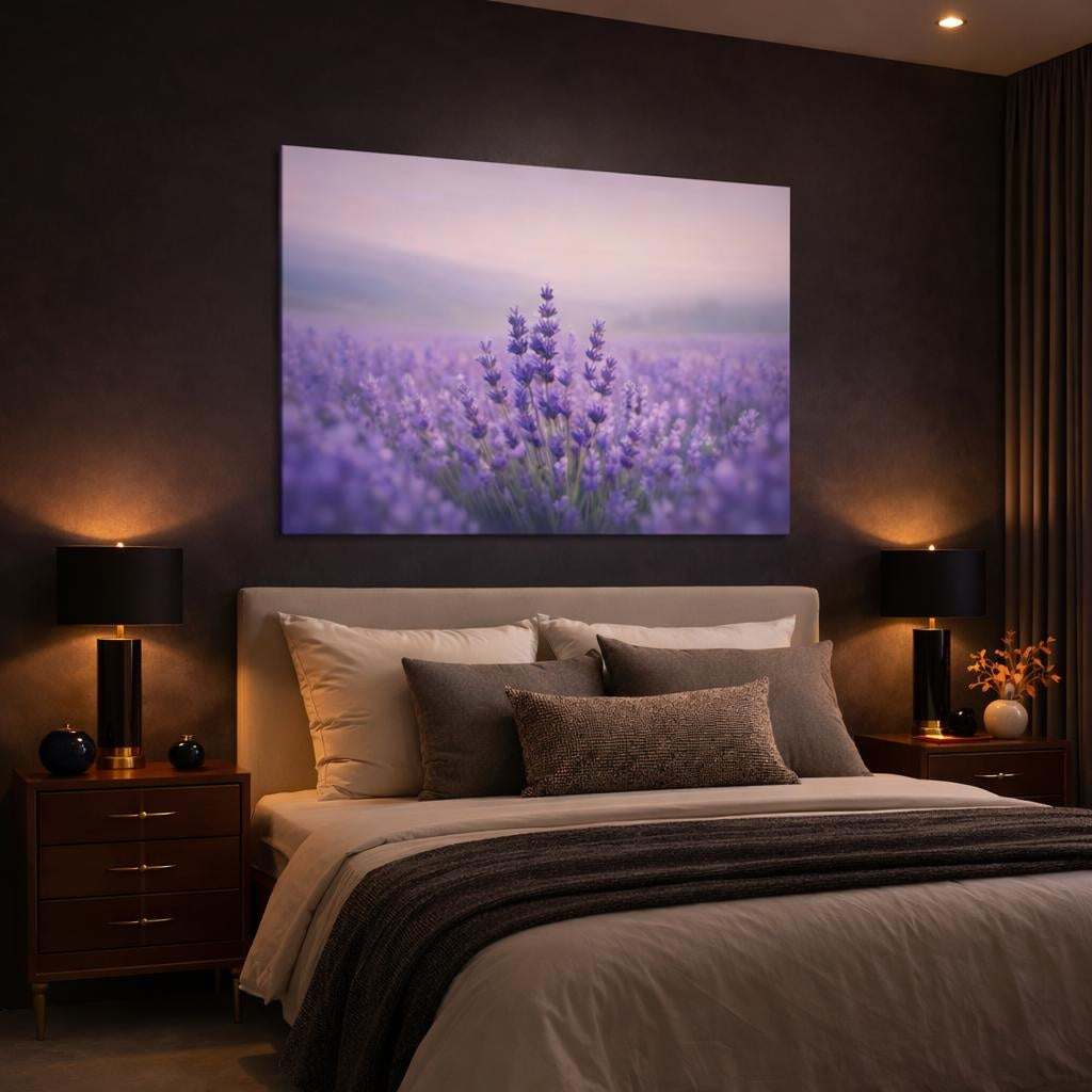 Contemporary Lavender Field shown as canvas wall art in a luxury bedroom