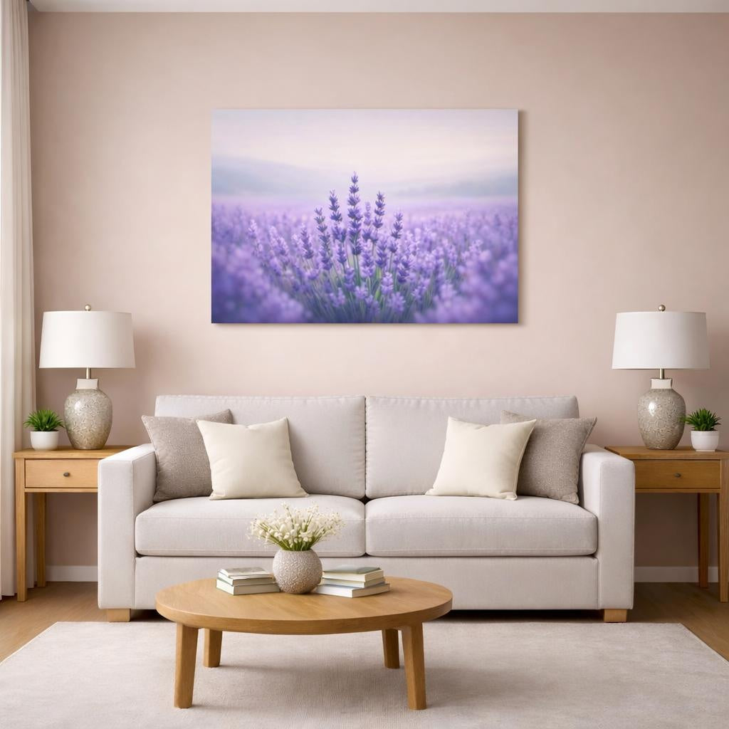 Contemporary Lavender Field shown as canvas wall art in a modern living room