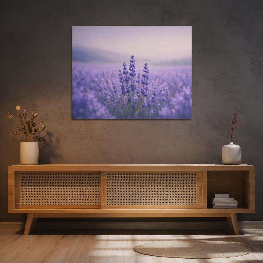 Contemporary Lavender Field shown as canvas wall art in a refined dining room