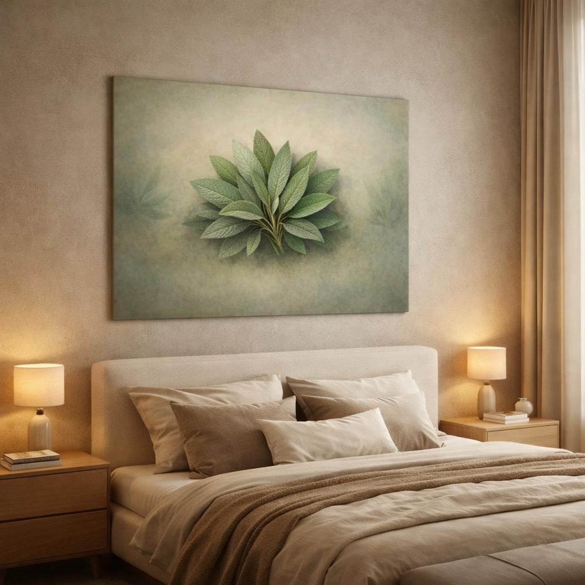 Contemporary Leaves Sage shown as canvas wall art in a luxury bedroom