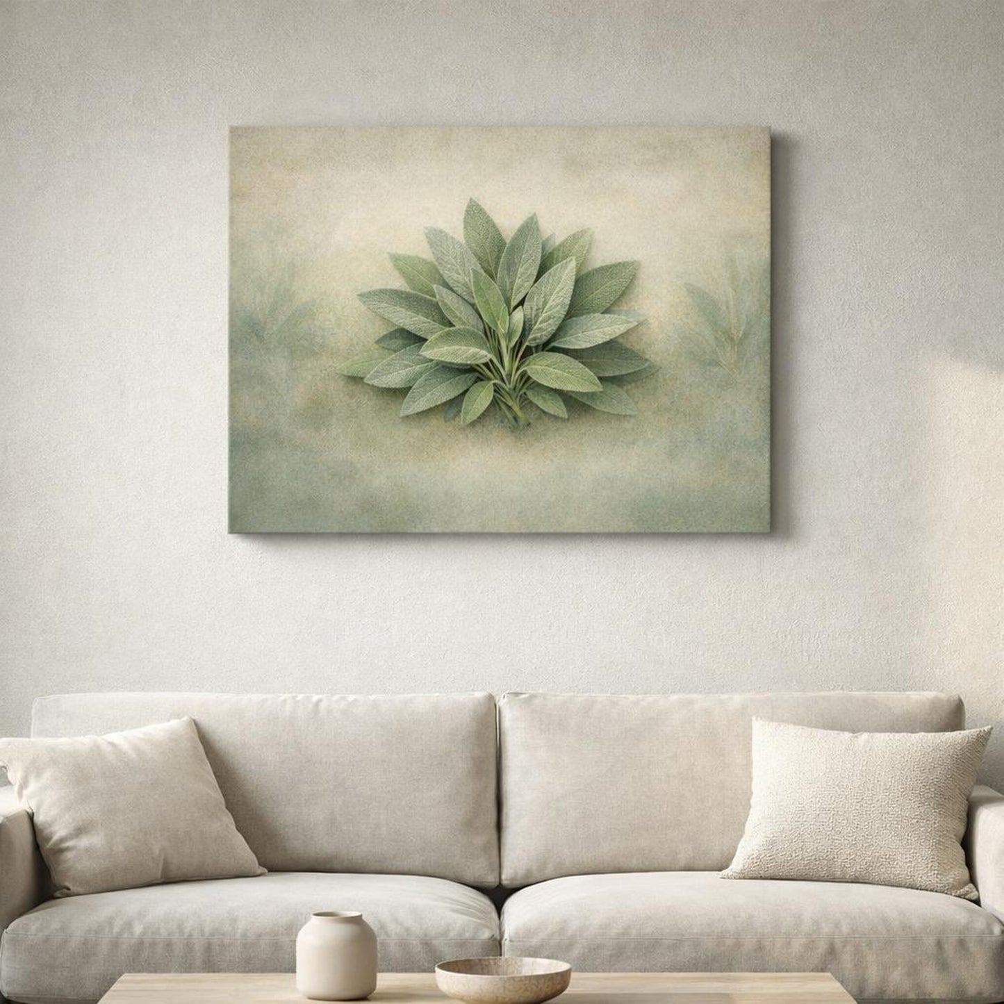 Contemporary Leaves Sage shown as canvas wall art in a refined dining room