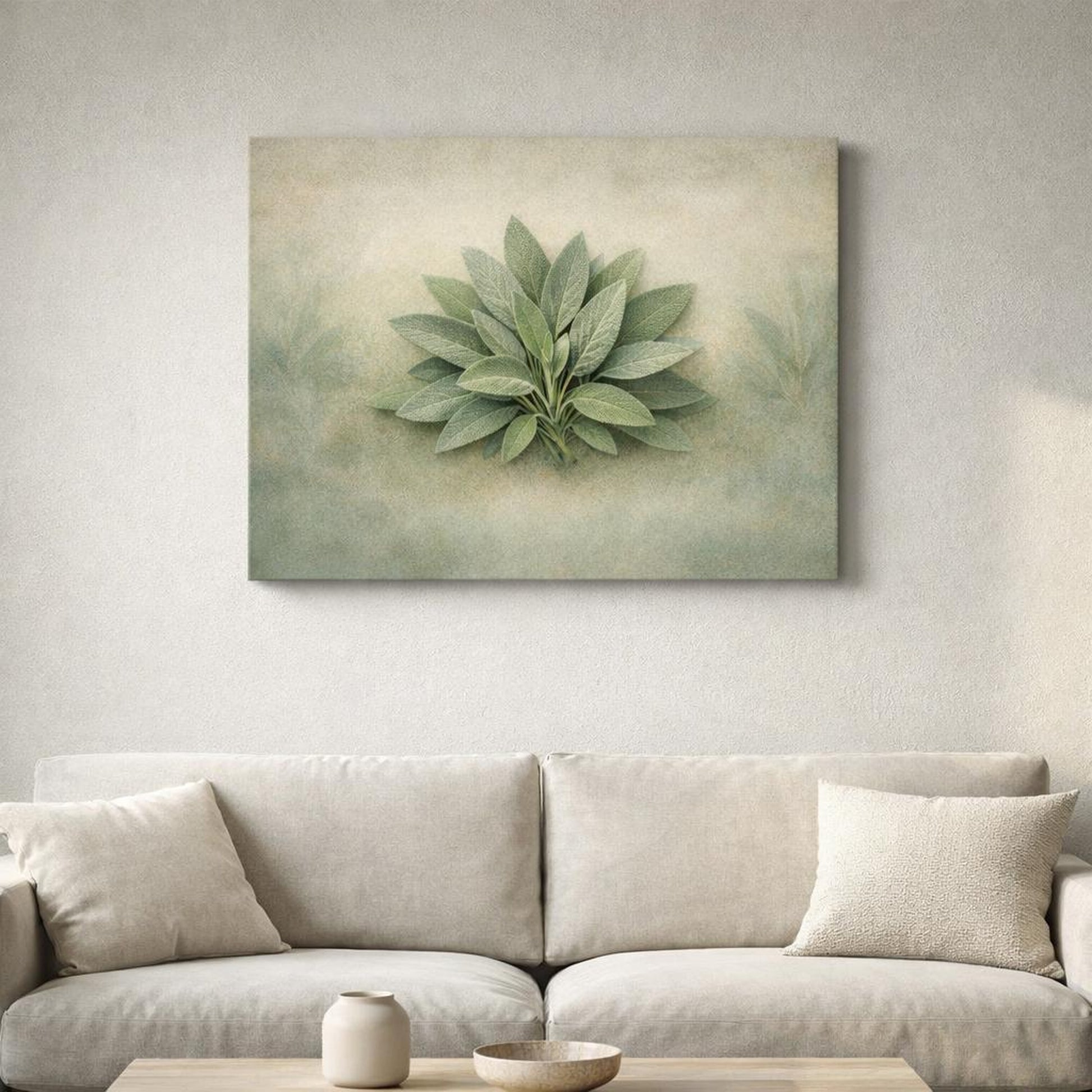 Contemporary Leaves Sage shown as canvas wall art in a refined dining room