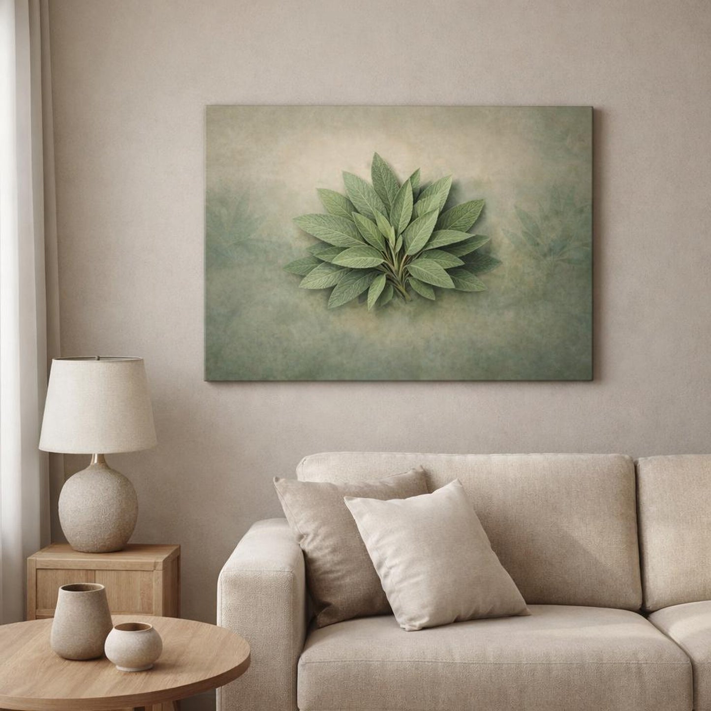 Contemporary Leaves Sage shown as canvas wall art in a modern living room