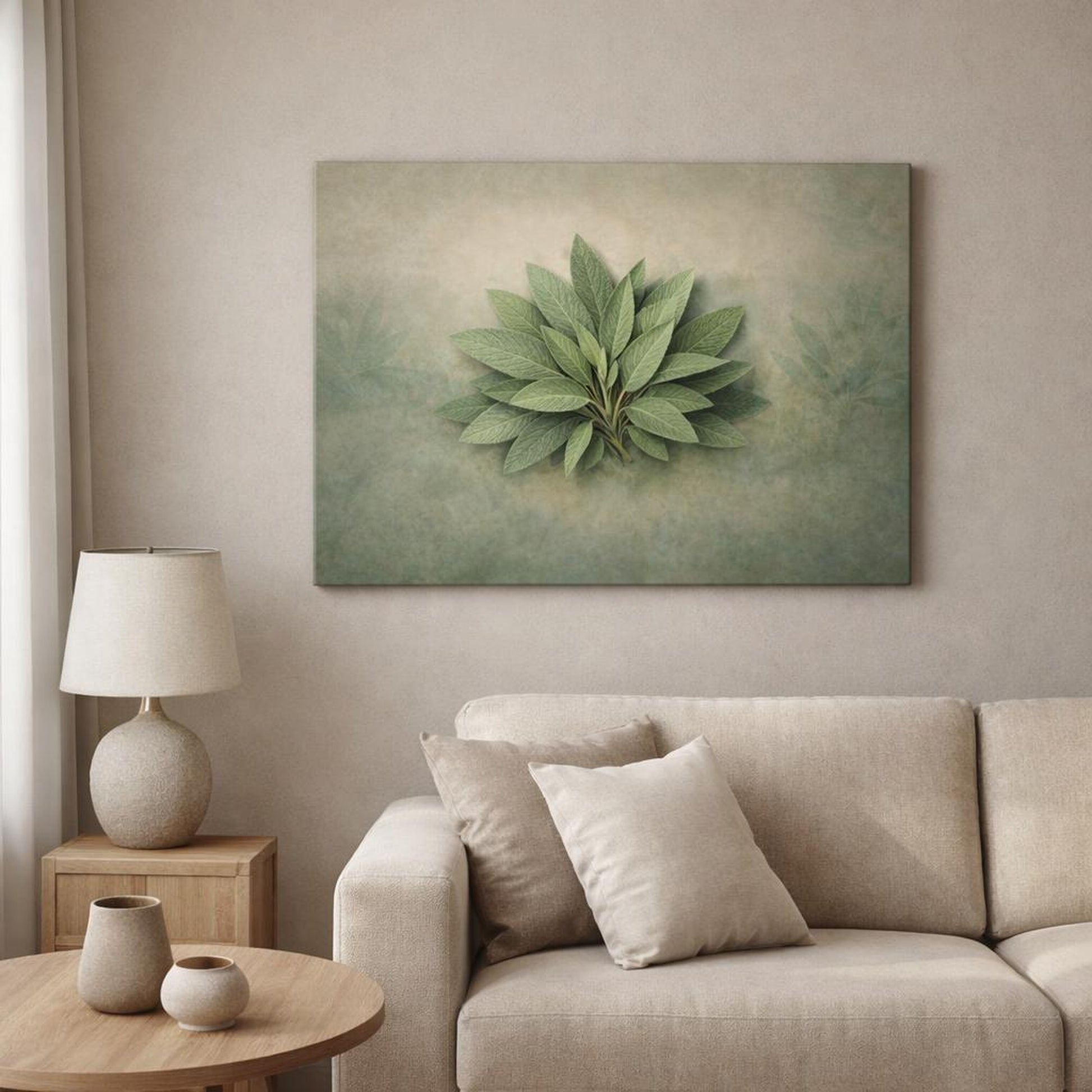 Contemporary Leaves Sage shown as canvas wall art in a modern living room