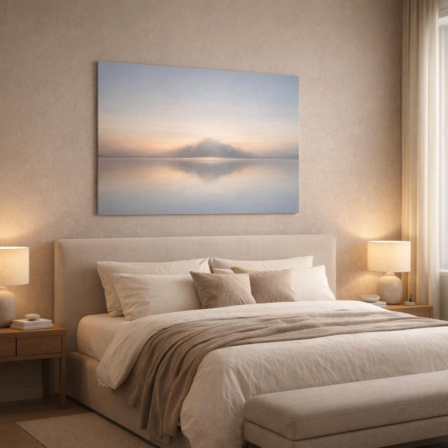 Contemporary Linear Abstract shown as canvas wall art in a luxury bedroom