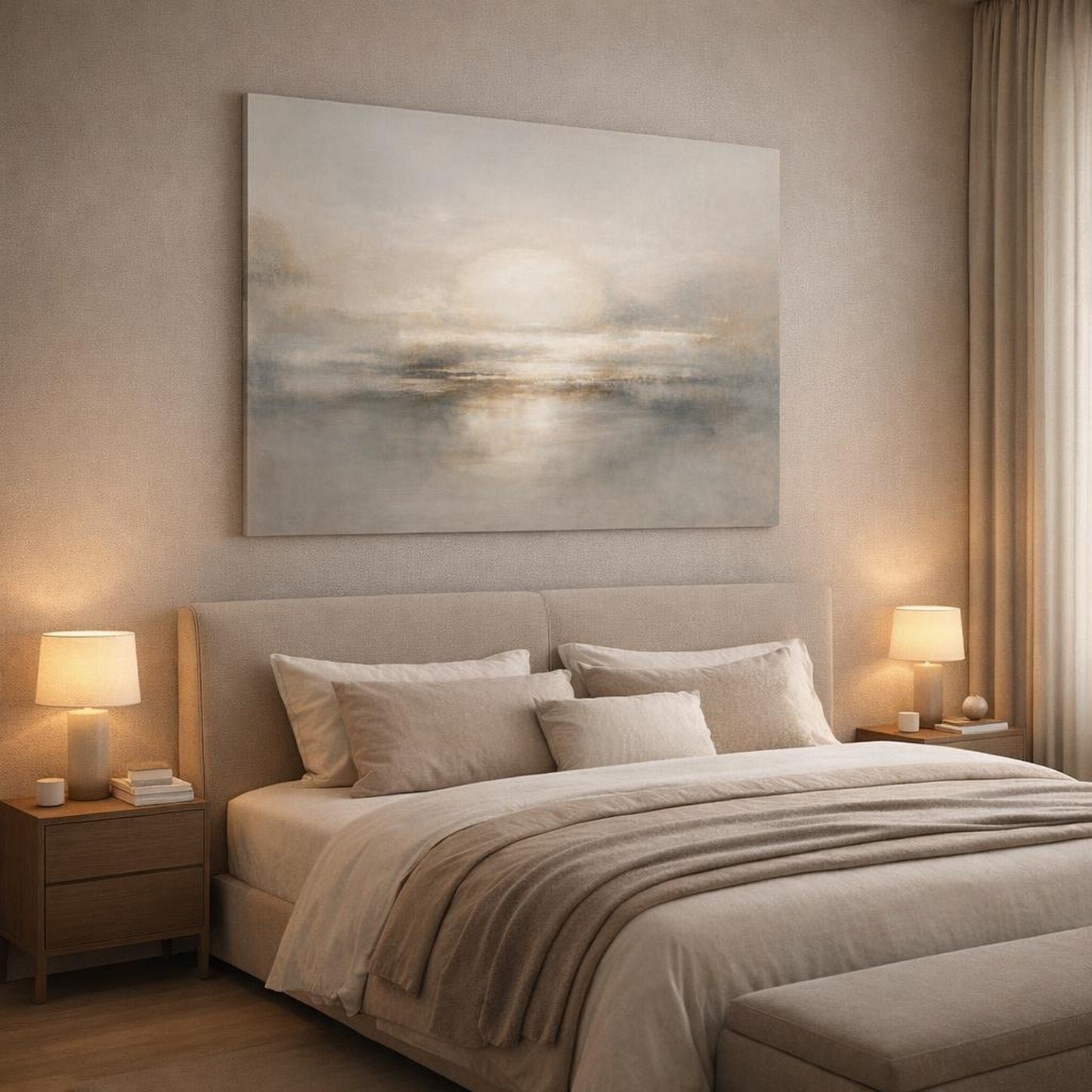 Contemporary Luxury Abstract shown as canvas wall art in a luxury bedroom