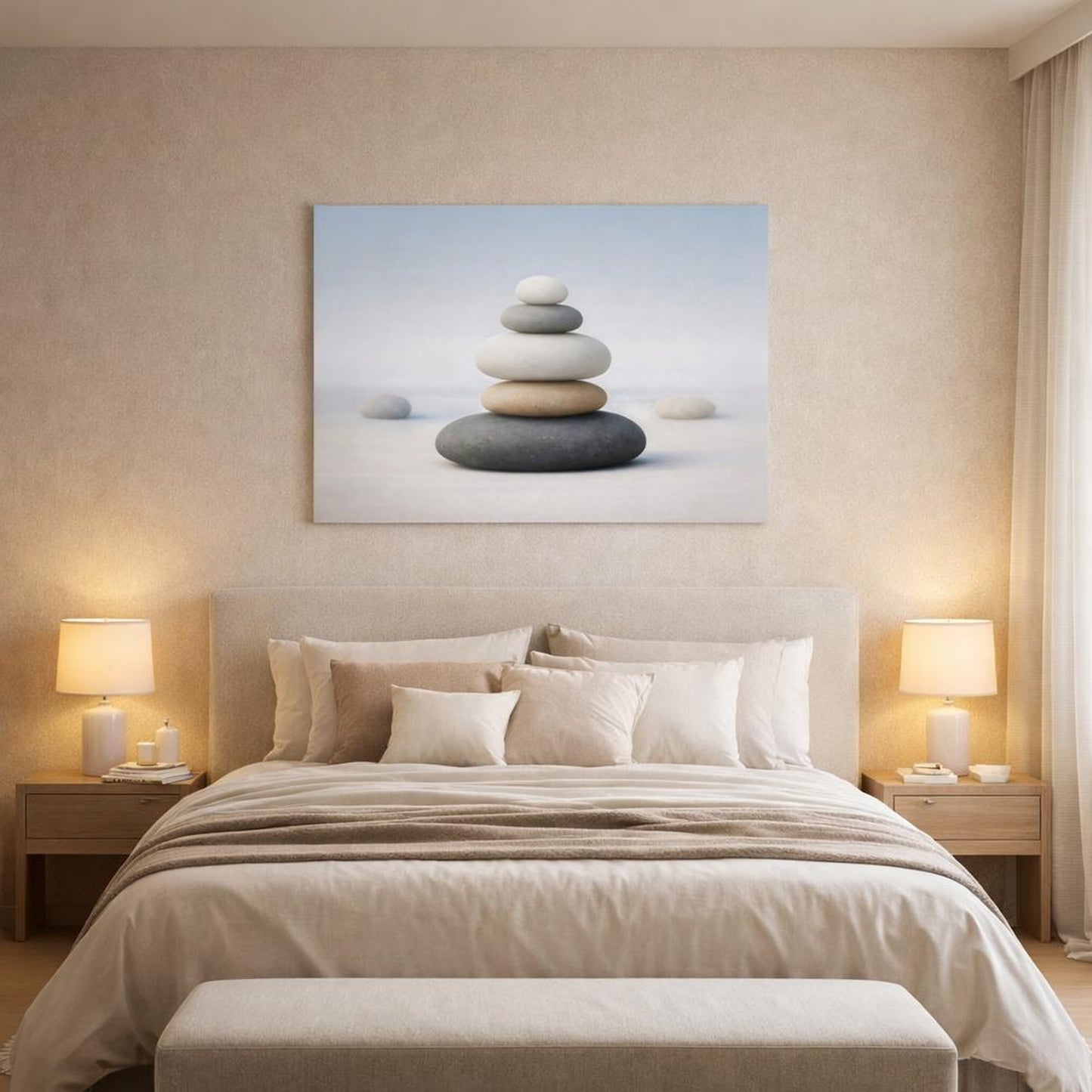 Contemporary Meditation Stones shown as canvas wall art in a luxury bedroom