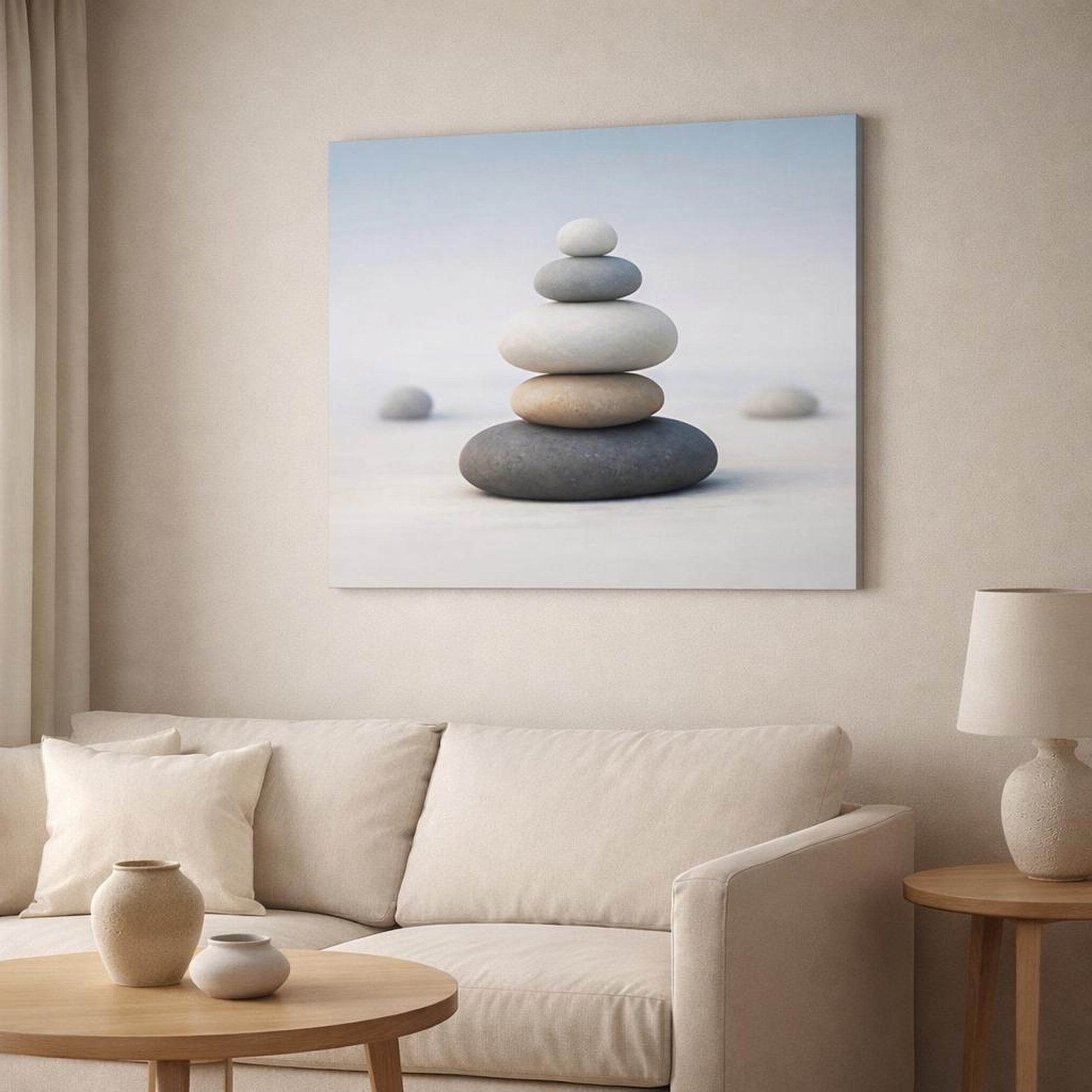 Contemporary Meditation Stones shown as canvas wall art in a modern living room
