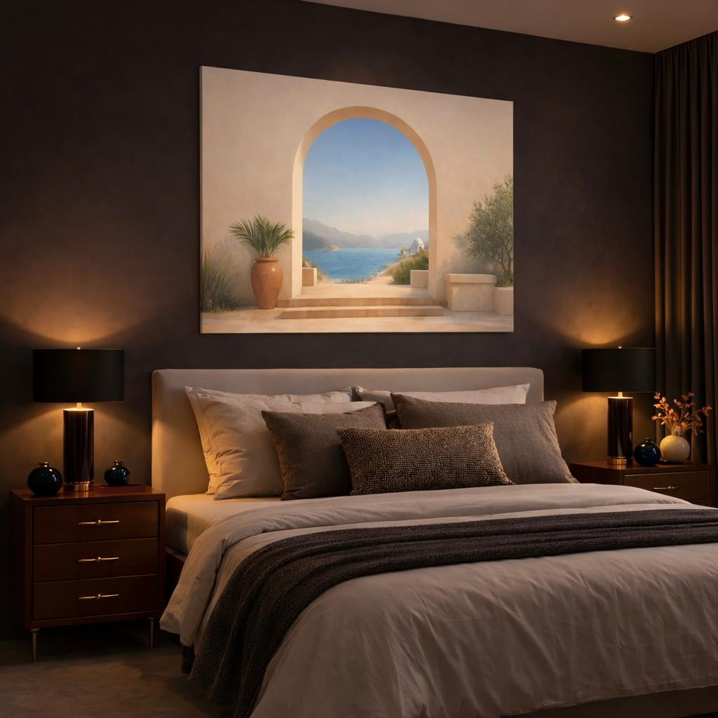 Contemporary Mediterranean Archway View shown as canvas wall art in a luxury bedroom