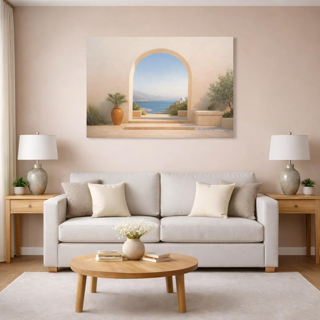 Contemporary Mediterranean Archway View shown as canvas wall art in a modern living room