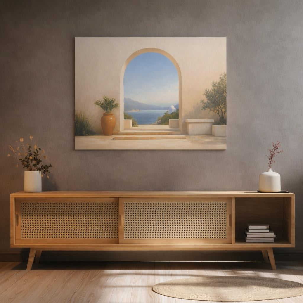 Contemporary Mediterranean Archway View shown as canvas wall art in a refined dining room