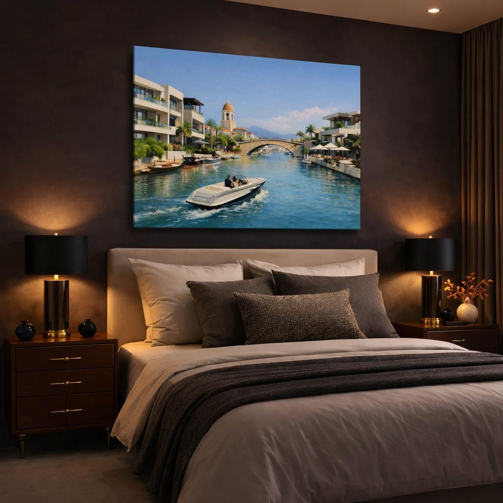 Contemporary Mediterranean Canal shown as canvas wall art in a luxury bedroom