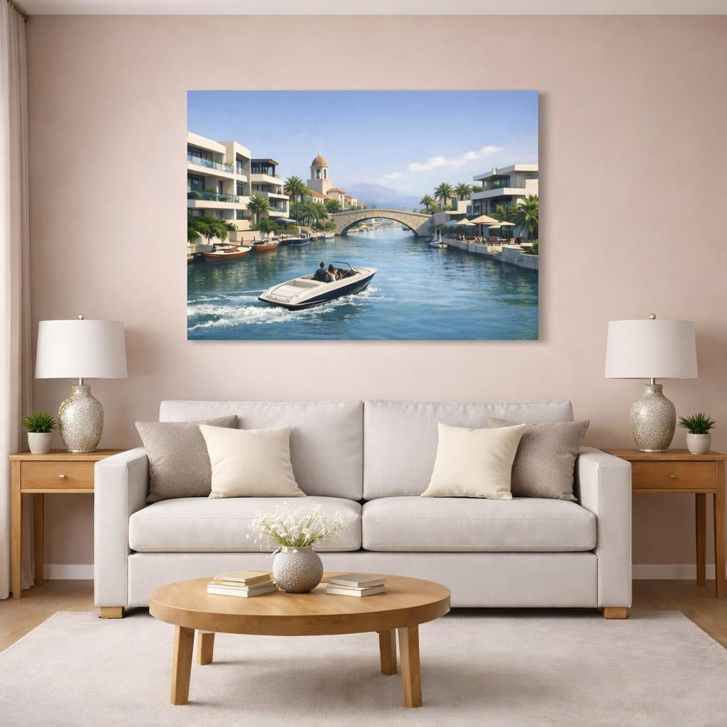 Contemporary Mediterranean Canal shown as canvas wall art in a modern living room