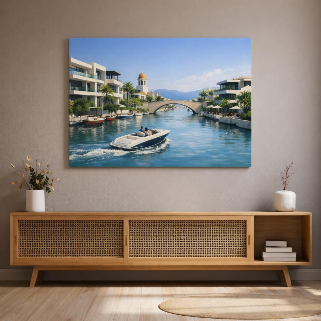 Contemporary Mediterranean Canal shown as canvas wall art in a refined dining room