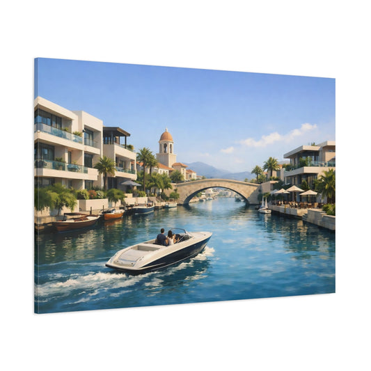 Contemporary Mediterranean Canal shown as stretched canvas wall art