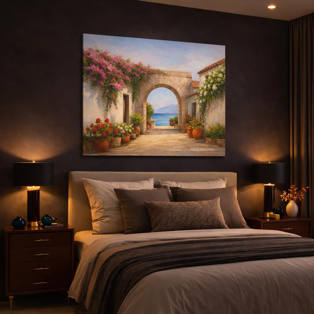 Contemporary Mediterranean Flower Alley shown as canvas wall art in a luxury bedroom