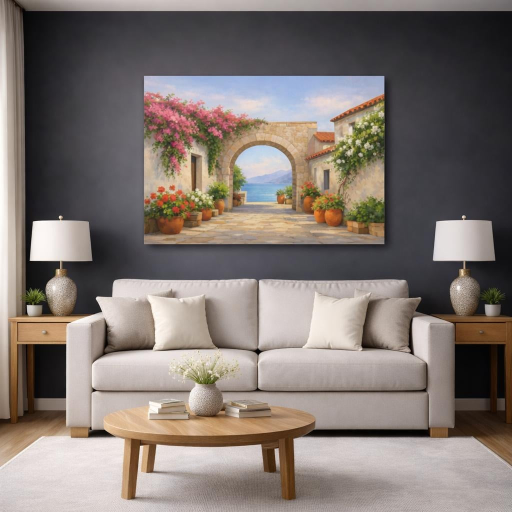 Contemporary Mediterranean Flower Alley shown as canvas wall art in a modern living room