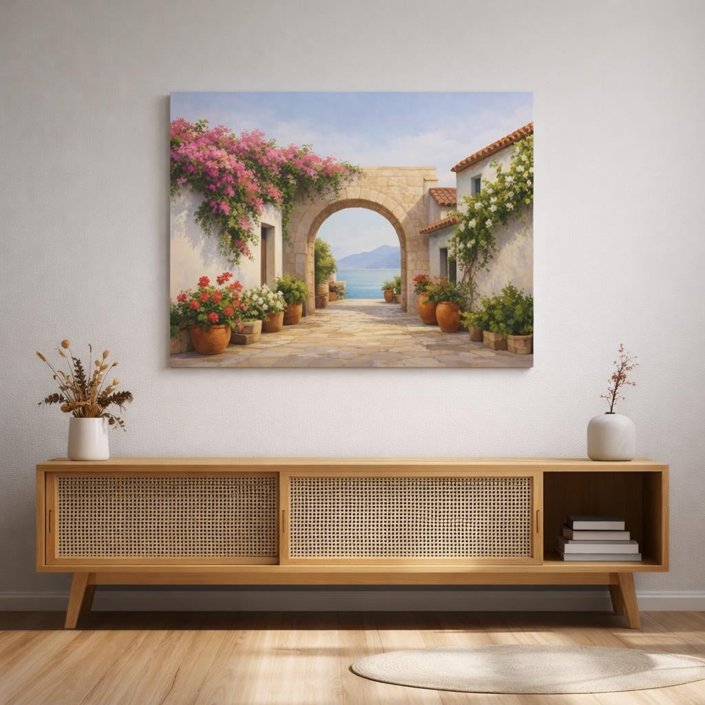Contemporary Mediterranean Flower Alley shown as canvas wall art in a refined dining room