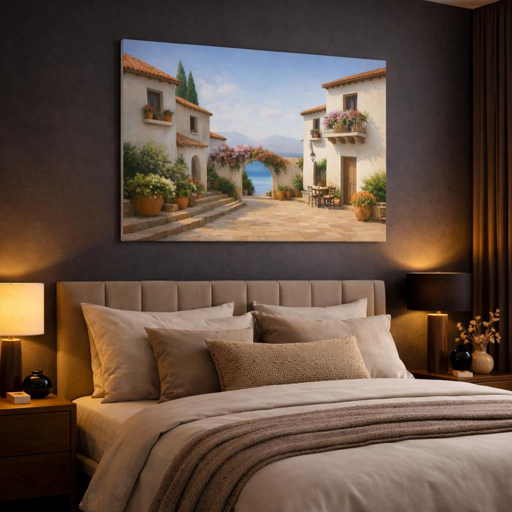 Contemporary Mediterranean Village Street shown as canvas wall art in a luxury bedroom