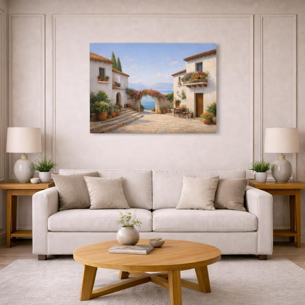 Contemporary Mediterranean Village Street shown as canvas wall art in a modern living room