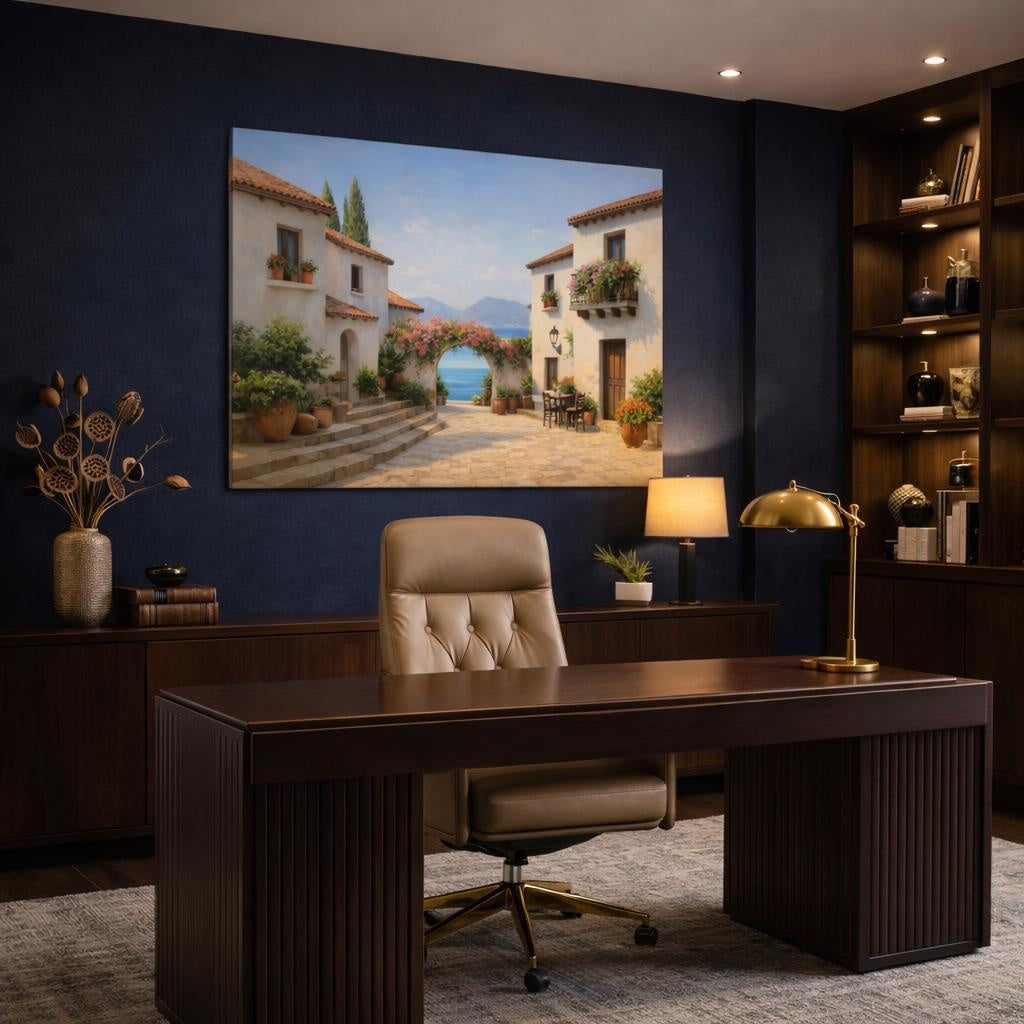 Contemporary Mediterranean Village Street shown as canvas wall art in a refined dining room