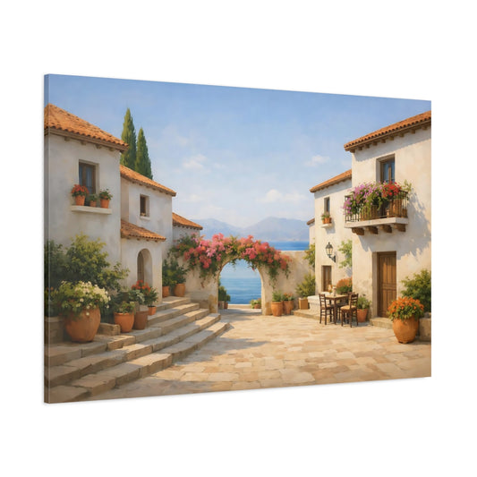 Contemporary Mediterranean Village Street shown as stretched canvas wall art