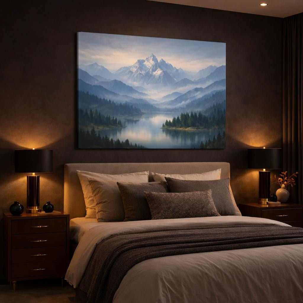 Contemporary Misty Mountains shown as canvas wall art in a luxury bedroom