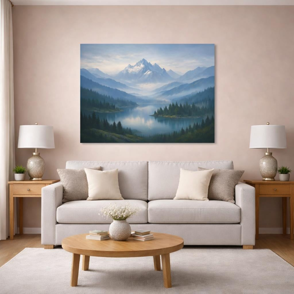 Contemporary Misty Mountains shown as canvas wall art in a modern living room