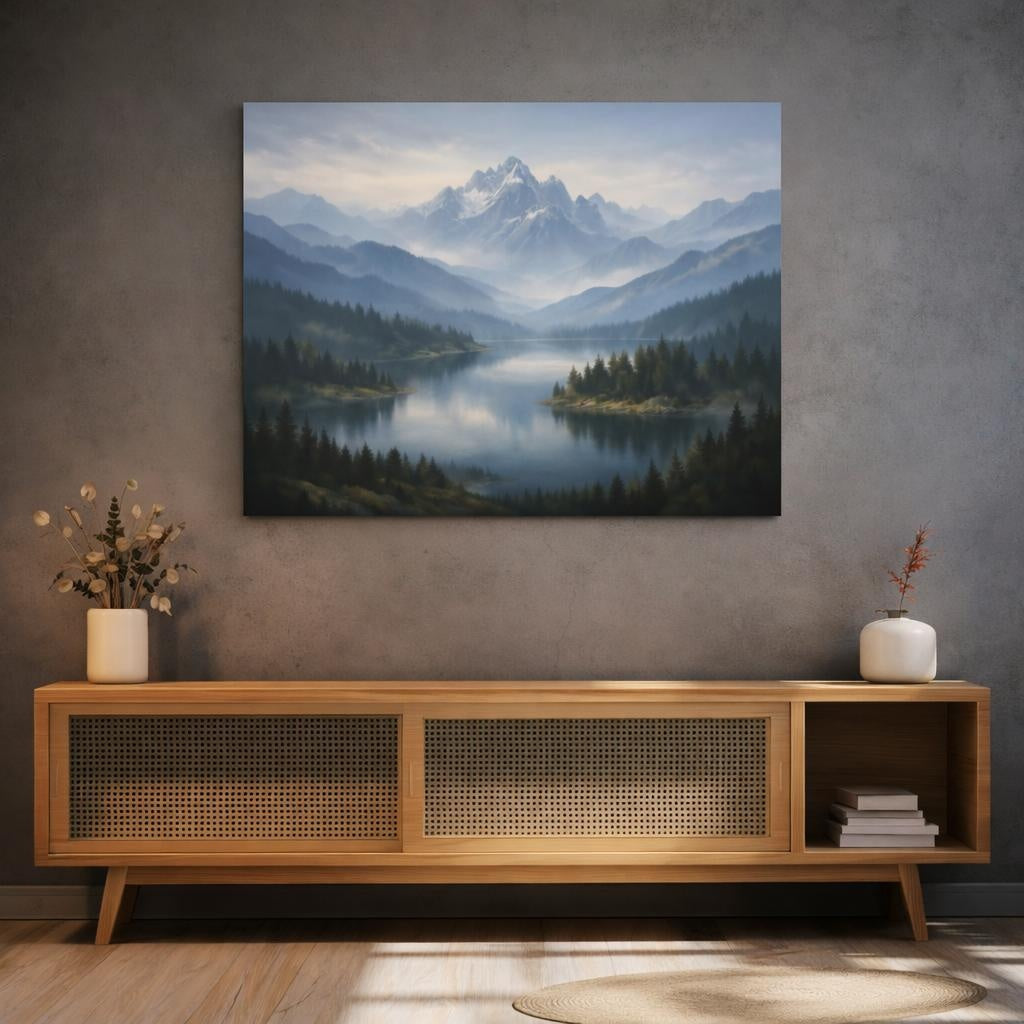 Contemporary Misty Mountains shown as canvas wall art in a refined dining room