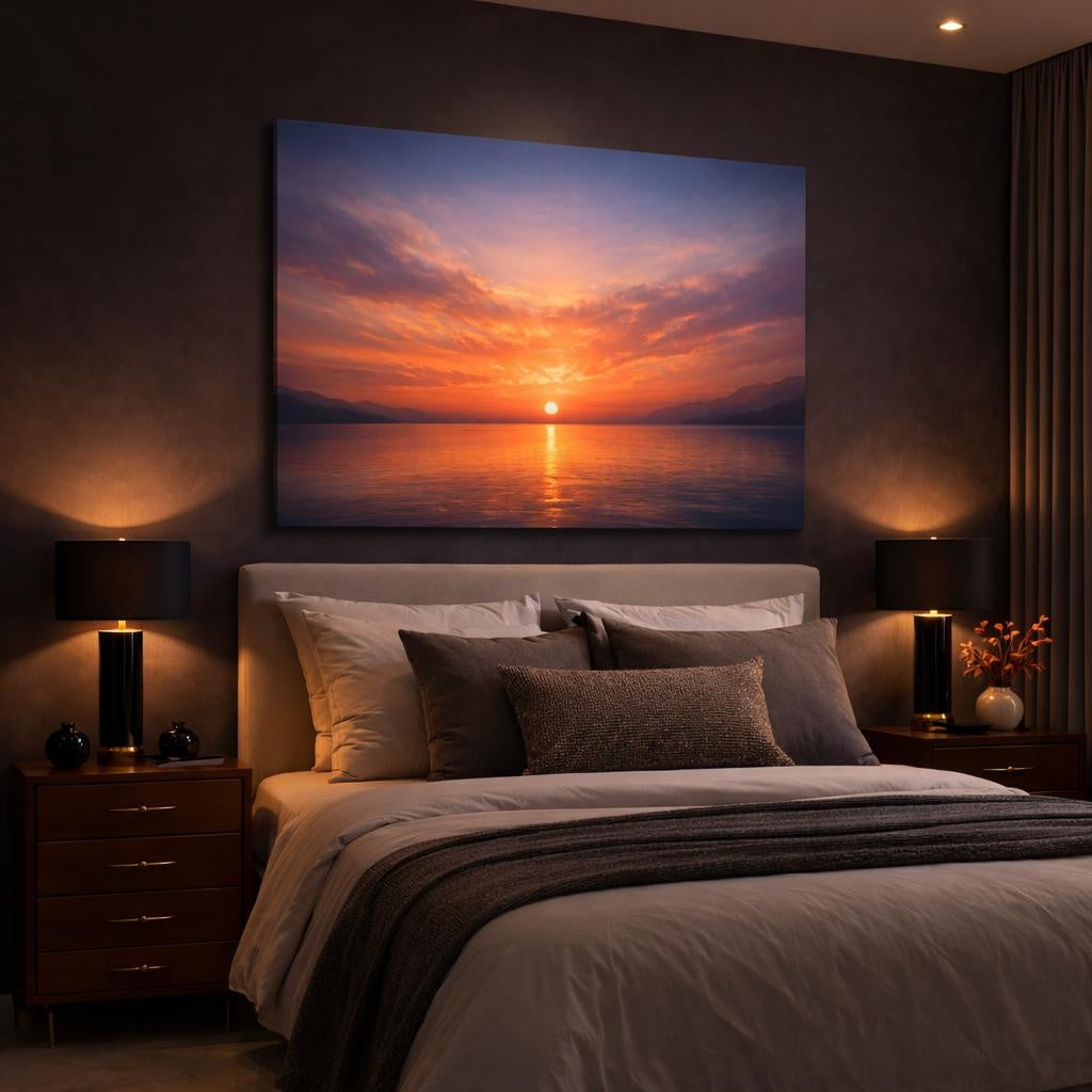 Contemporary Moody Sunset shown as canvas wall art in a luxury bedroom