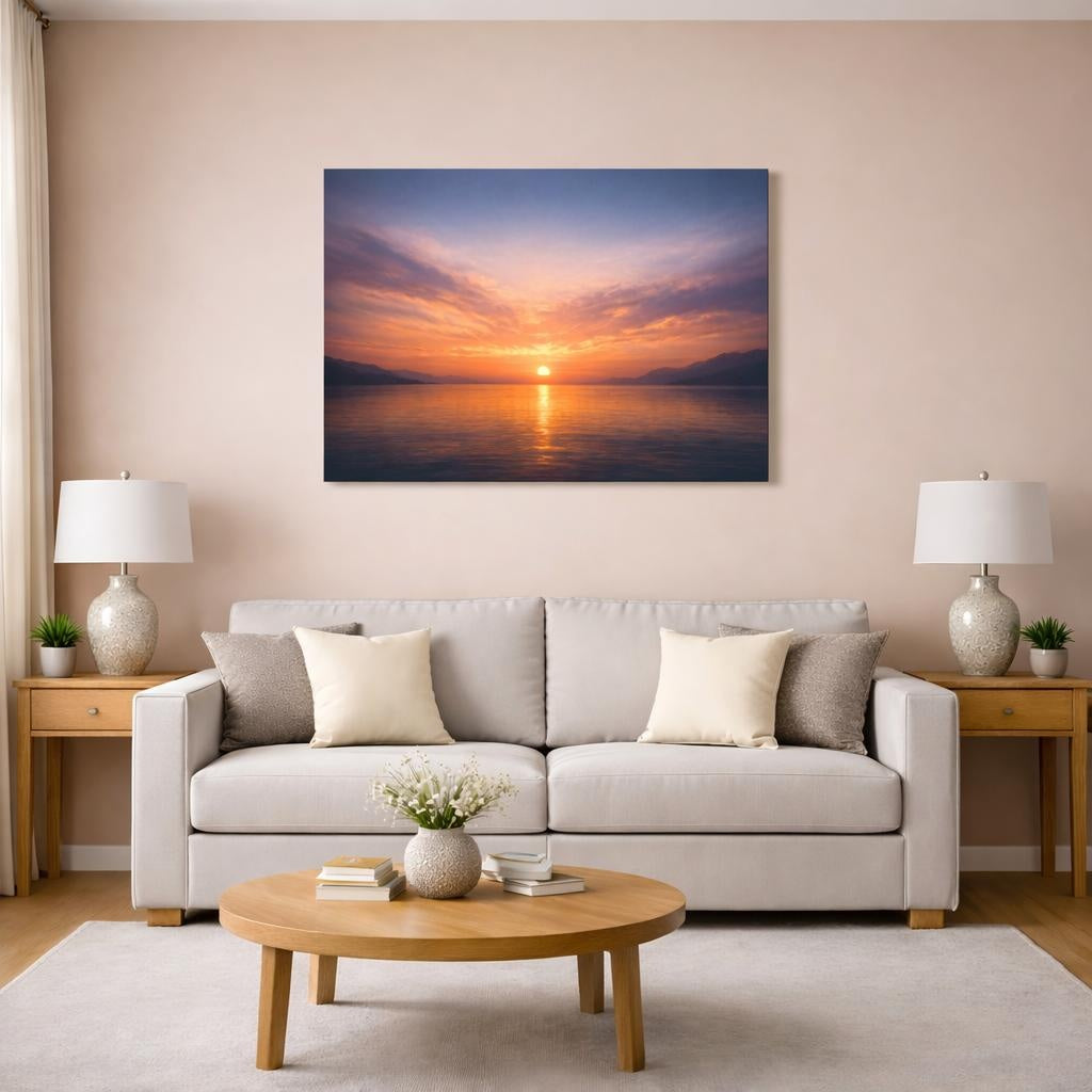 Contemporary Moody Sunset shown as canvas wall art in a modern living room