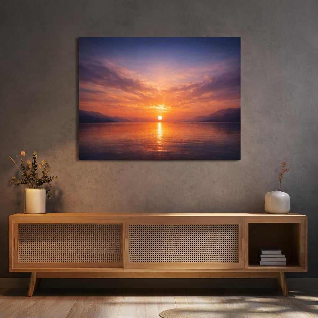 Contemporary Moody Sunset shown as canvas wall art in a refined dining room