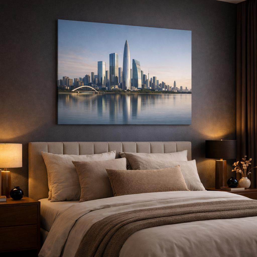 Contemporary Neutral City Skyline shown as canvas wall art in a luxury bedroom