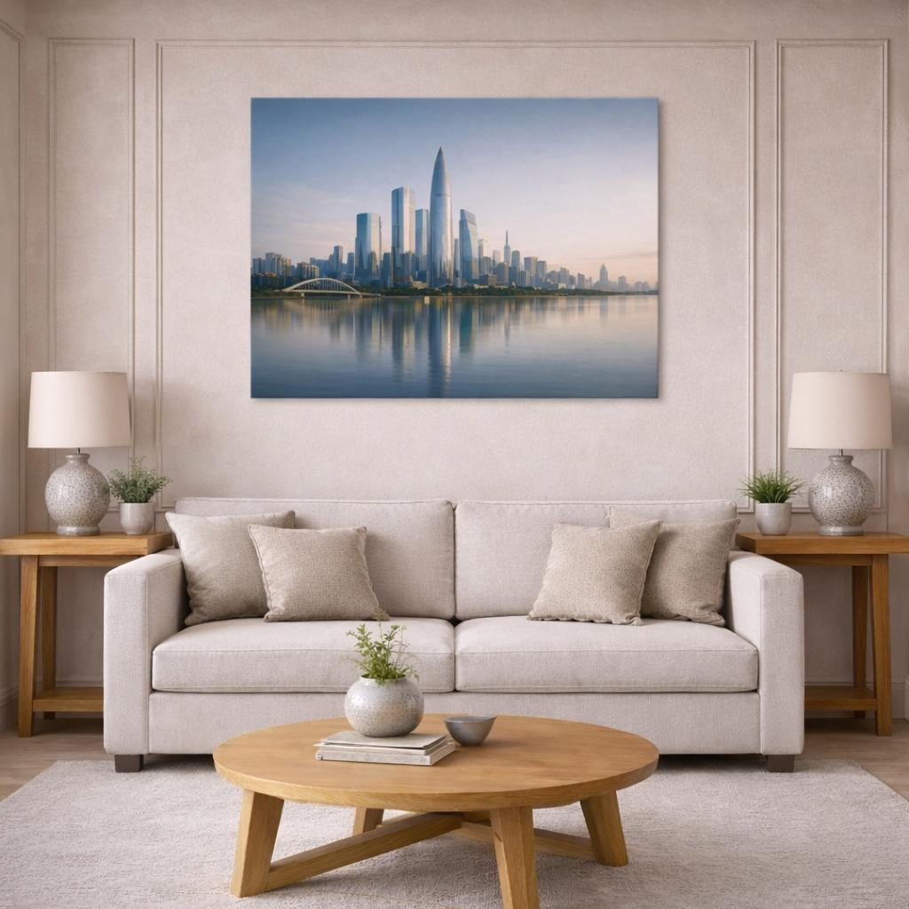 Contemporary Neutral City Skyline shown as canvas wall art in a modern living room