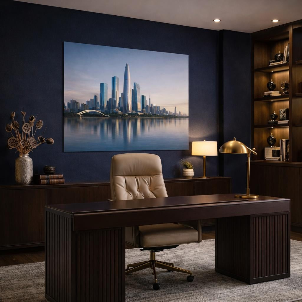 Contemporary Neutral City Skyline shown as canvas wall art in a refined dining room