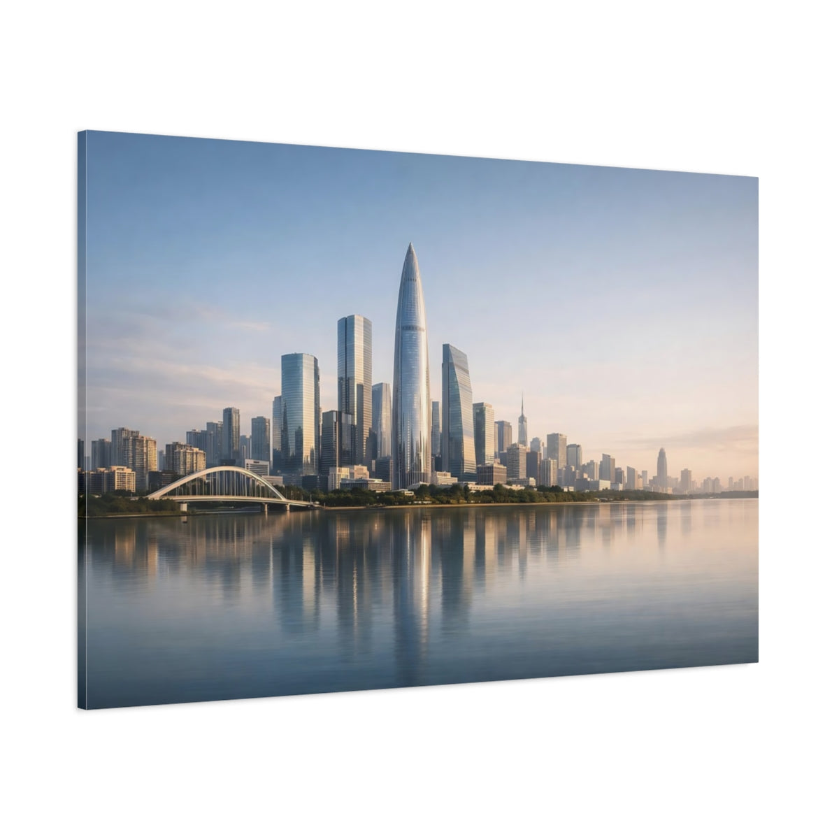 Contemporary Neutral City Skyline shown as stretched canvas wall art