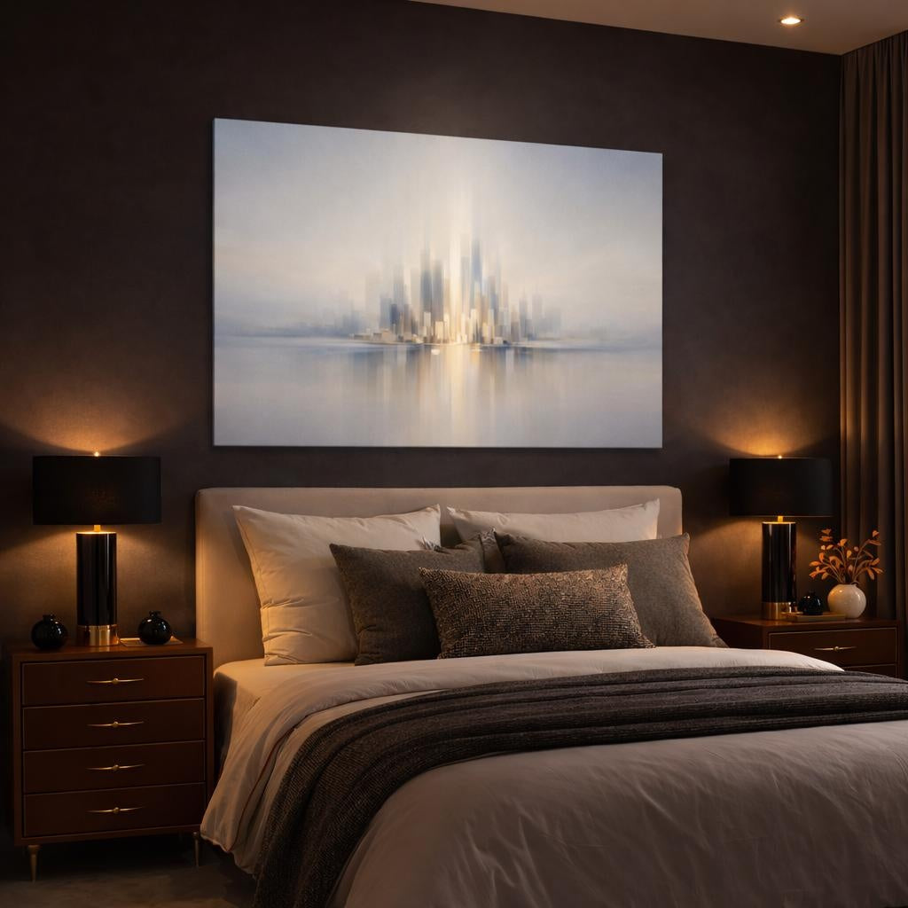 Contemporary Neutral Skyline Abstract shown as canvas wall art in a luxury bedroom