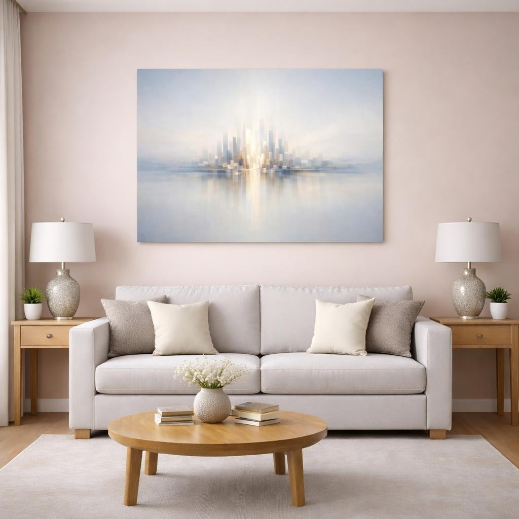 Contemporary Neutral Skyline Abstract shown as canvas wall art in a modern living room