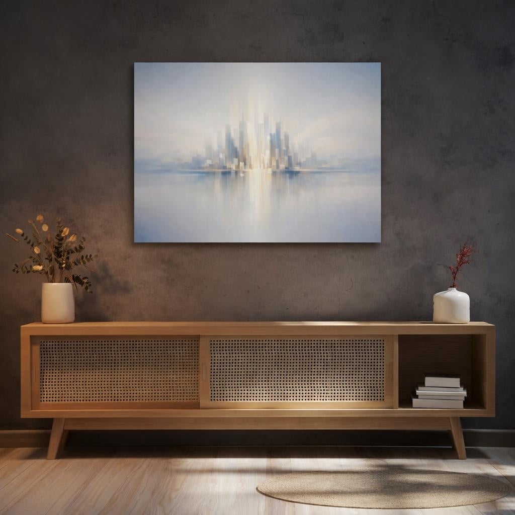 Contemporary Neutral Skyline Abstract shown as canvas wall art in a luxury executive office