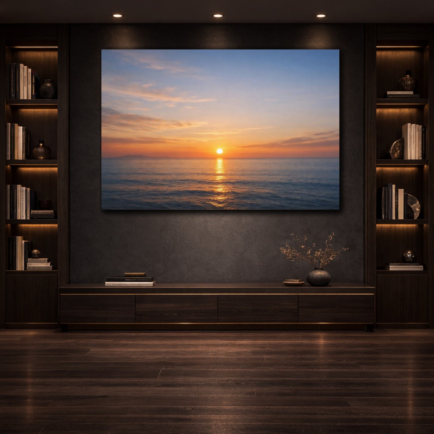Mockup 2. Contemporary Ocean Sunset shown as stretched canvas wall art